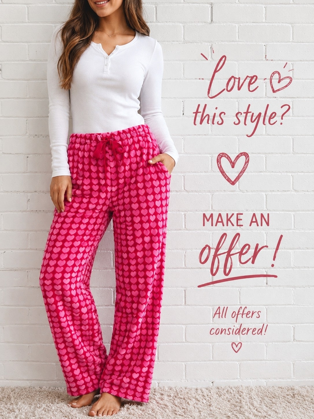 Love Is Heart Print Plush Fleece Pajama Lounge Pants Pink M 8-10